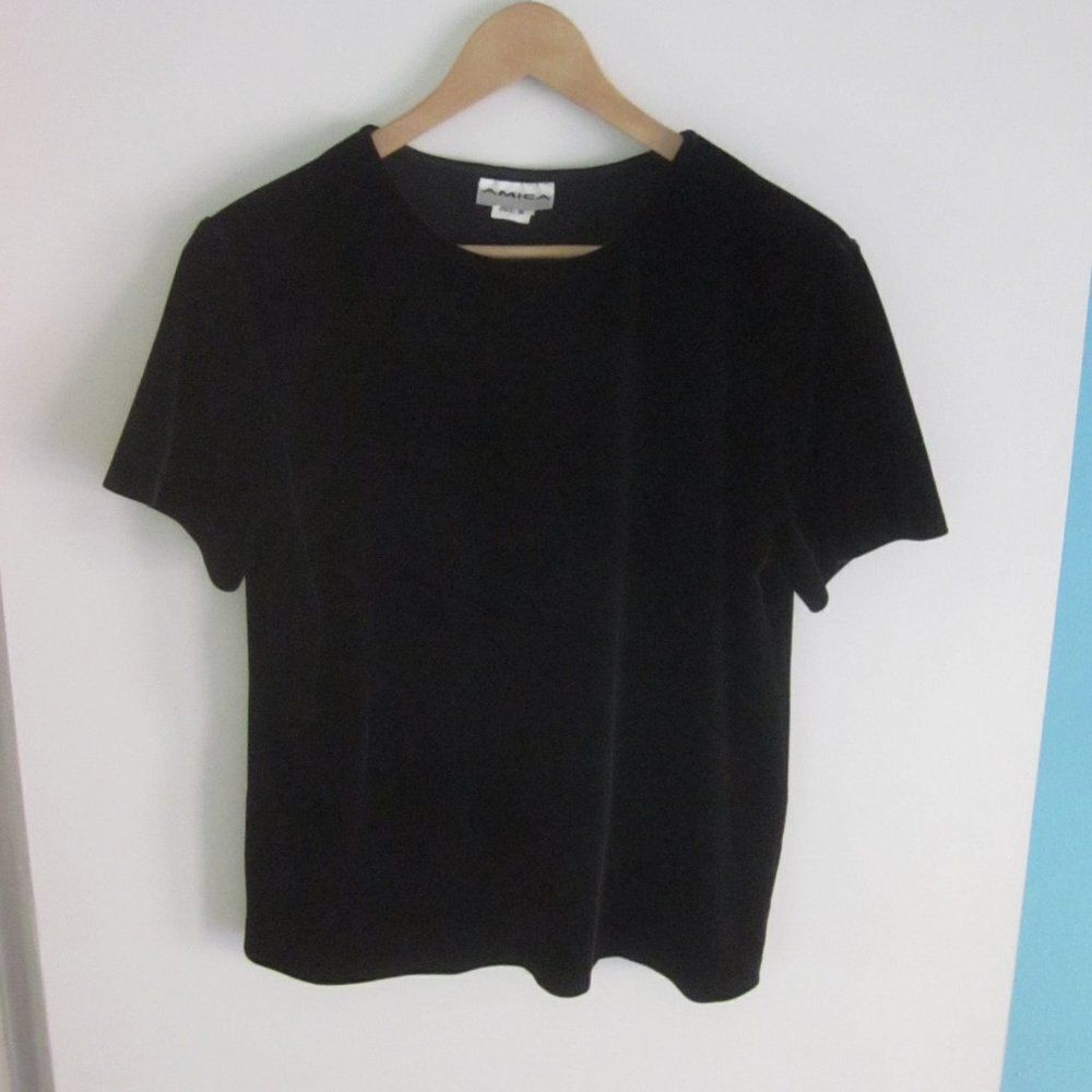 VINTAGE 1960's Black Velvet Top Velour Pullover Tee Size M  40" Bust Made in USA